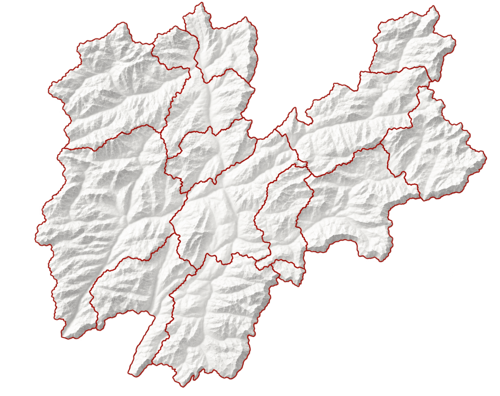 Mappa fisica del Trentino con le Unioni distrettuali evidenziate